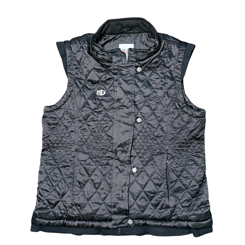 Harley Davidson Quilted Vest Women XL Black Moto Biker Satin Riding logo Y2K
